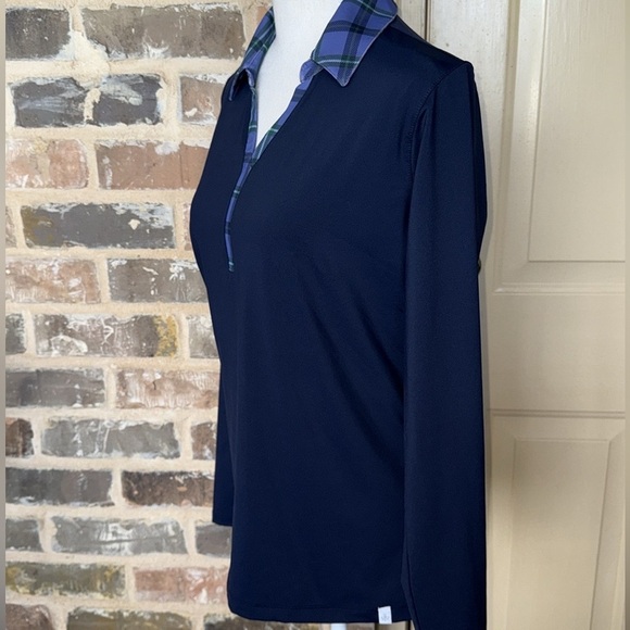 Lady Hagen Navy Blue Clubhouse Long Sleeve Polo Plaid Johnny Collar Sz M - Picture 5 of 11
